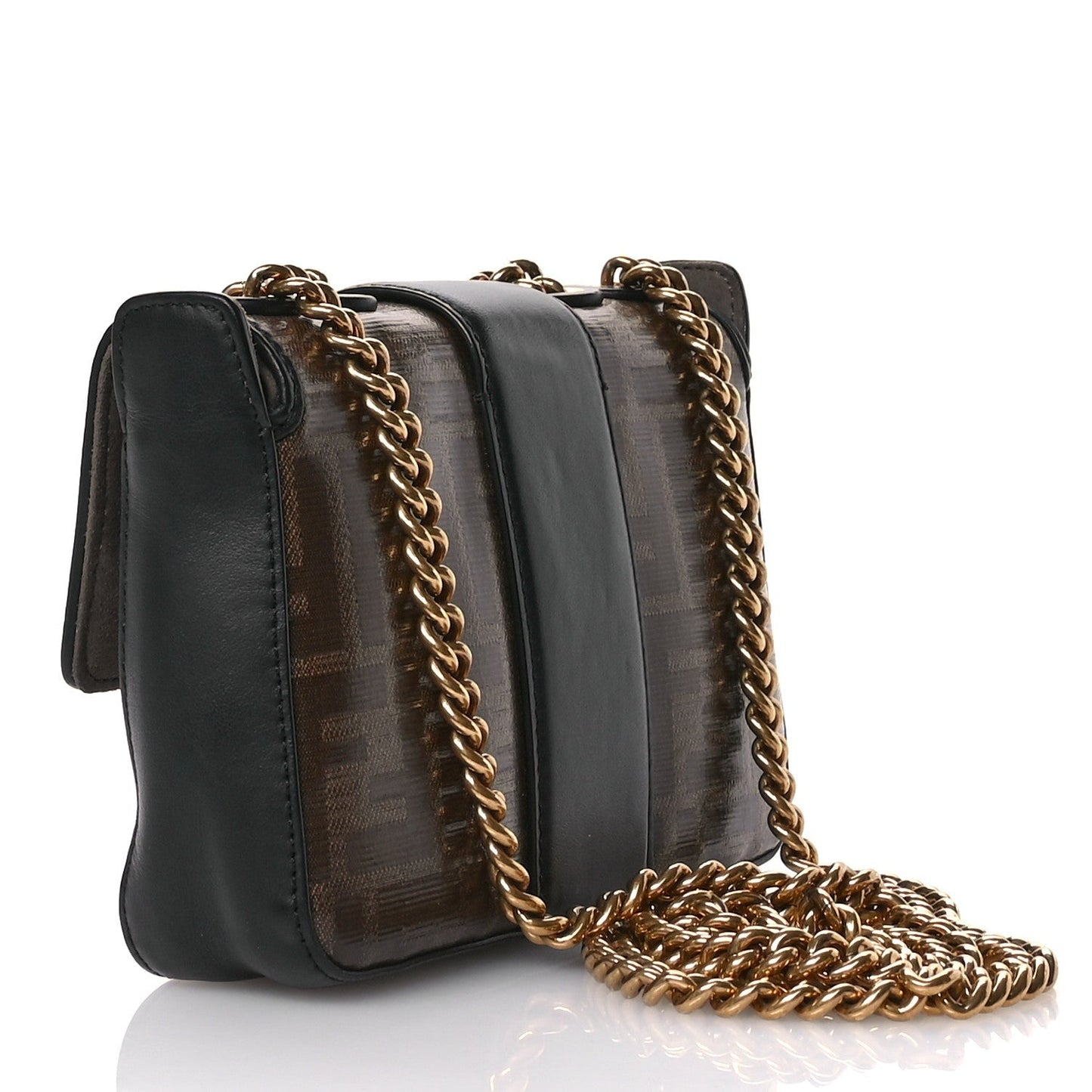 Glazed Fabric Vitello Century FF 1974 Stamp Patch Mini Double F Crossbody Bag Mogano Panna Black