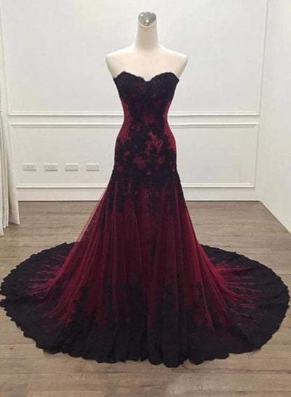 Black And Red Sweetheart Tulle With Lace Glam Prom Gowns Prom Dress, Long Prom Dresses