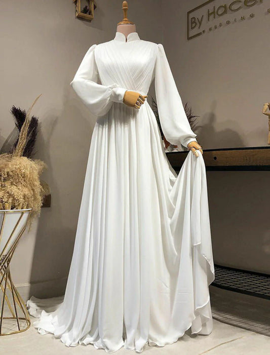 Hall Vintage 1940s / 1950s Simple Wedding Dresses A-Line High Neck Long Sleeve Court Train Chiffon Bridal Gowns With Pleats Solid Color