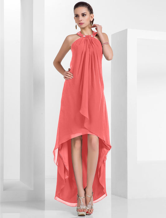 A-Line Cocktail Dress Christmas Red Green Dress Wedding Guest Cocktail Party Asymmetrical Sleeveless Halter Neck Chiffon Backless with Pleats Beading