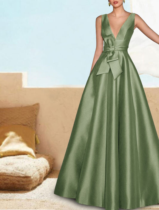 A-Line Evening Gown Elegant Dress Prom Wedding Party Dress Floor Length Sleeveless V Neck Satin with Sash / Ribbon Pleats 2026