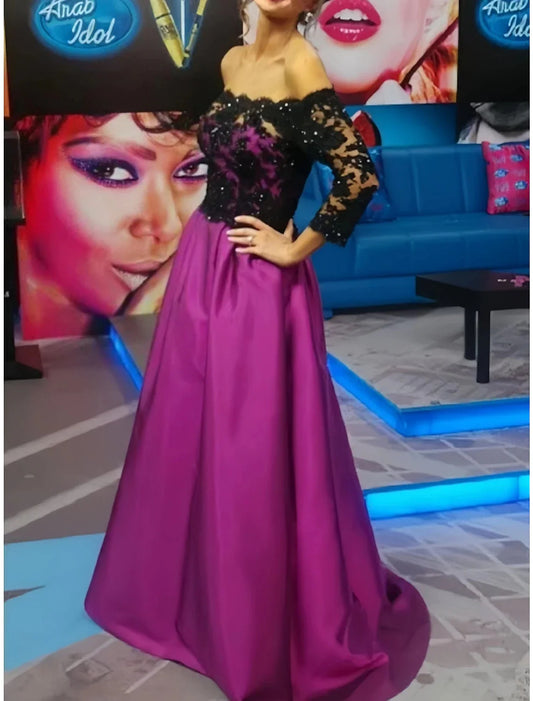 A-Line Evening Gown Party Dress Birthday Fall Floor Length Half Sleeve Off Shoulder Satin with Pleats Sequin 2026