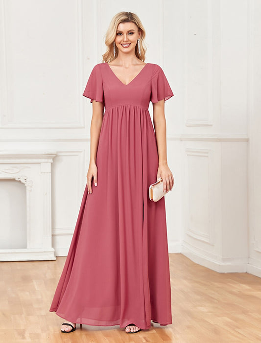 A-Line Evening Gown Empire Dress Party Wear Wedding Party Floor Length Short Sleeve V Neck Chiffon V Back with Slit
