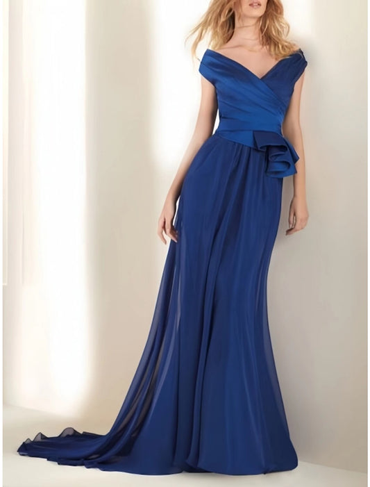 A-Line Evening Gown Party Dress Formal Wedding Guest Sweep / Brush Train Short Sleeve Off Shoulder Satin with Pleats Ruched Ruffles