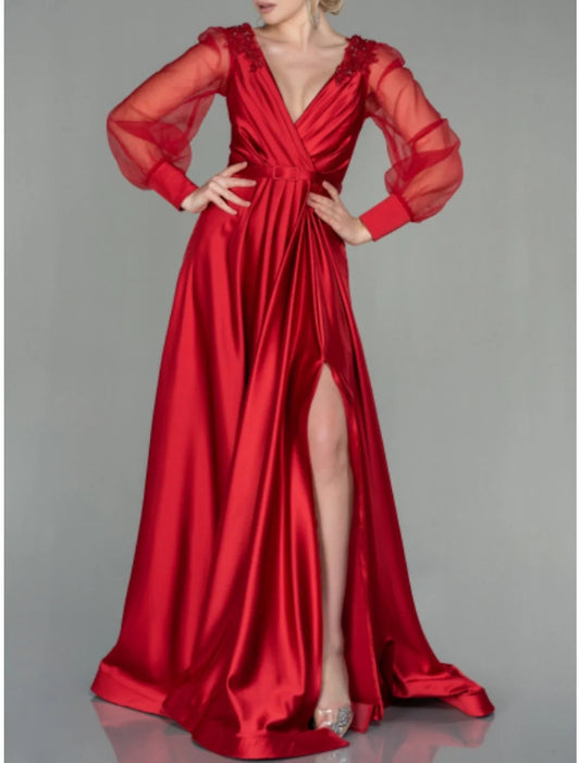 A-Line Evening Gown Elegant Dress Formal Fall Floor Length Long Sleeve V Neck Satin with Pleats Slit Shouder Flower 2026