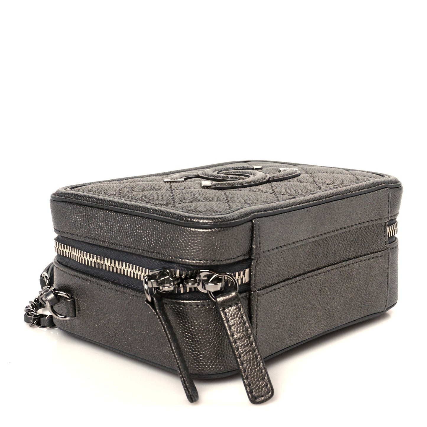 Metallic Caviar Quilted Small CC Filigree Vanity Case Dark Silver