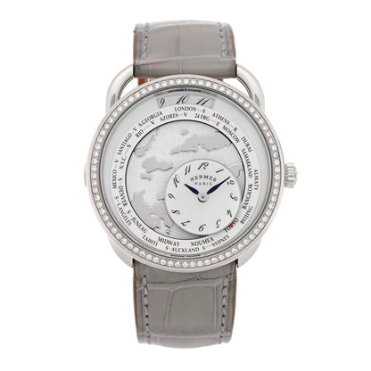 Stainless Steel Alligator Diamond Bezel Mother of Pearl 38mm Arceau Le Temps Voyageur Automatic Watch Gris Perle