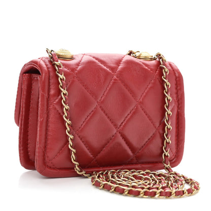 Shiny Lambskin Quilted Extra Mini Flap Red