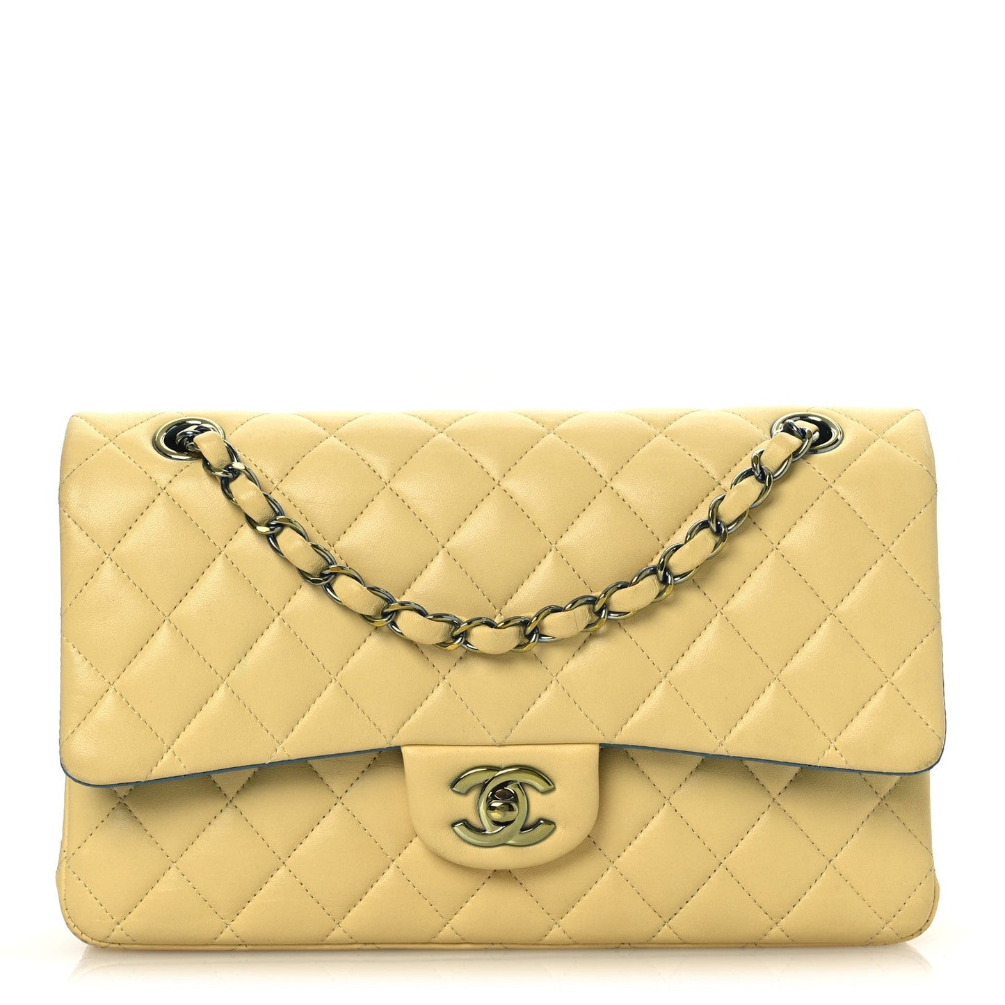 Lambskin Quilted Medium Double Flap Yellow Blue