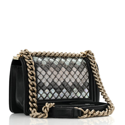 Lambskin Tile Embroidered Small Brasserie Mosaic Boy Flap Black Multicolor