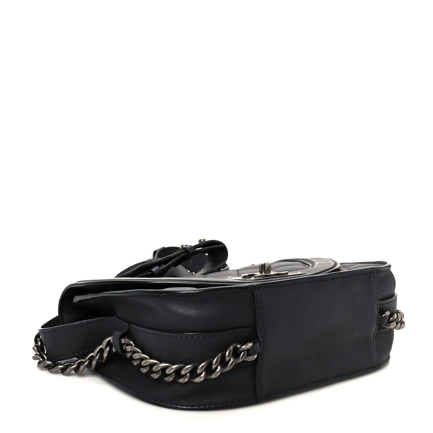 Shiny Goatskin Quilted Small Double Chained Messenger Flap Black