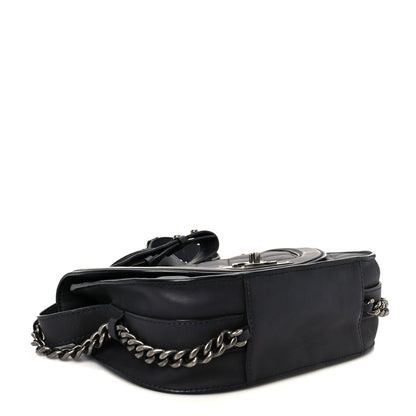 Shiny Goatskin Quilted Small Double Chained Messenger Flap Black