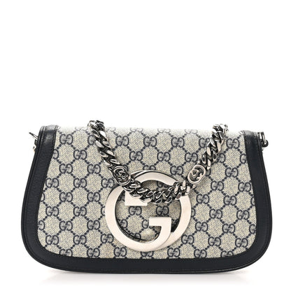 GG Supreme Monogram Textured Dollar Calfskin Blondie Chain Shoulder Flap Bag Beige Blue