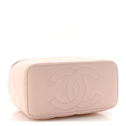 Lambskin Quilted Trendy Small Top Handle Vanity Case With Chain Light Pink