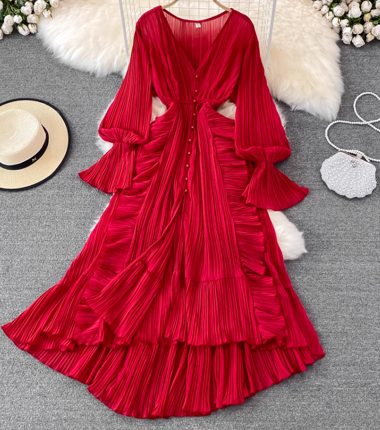 Spring super fairy seaside vacation ruffled high waist slim V-neck dress desert travel red long skirt R0329