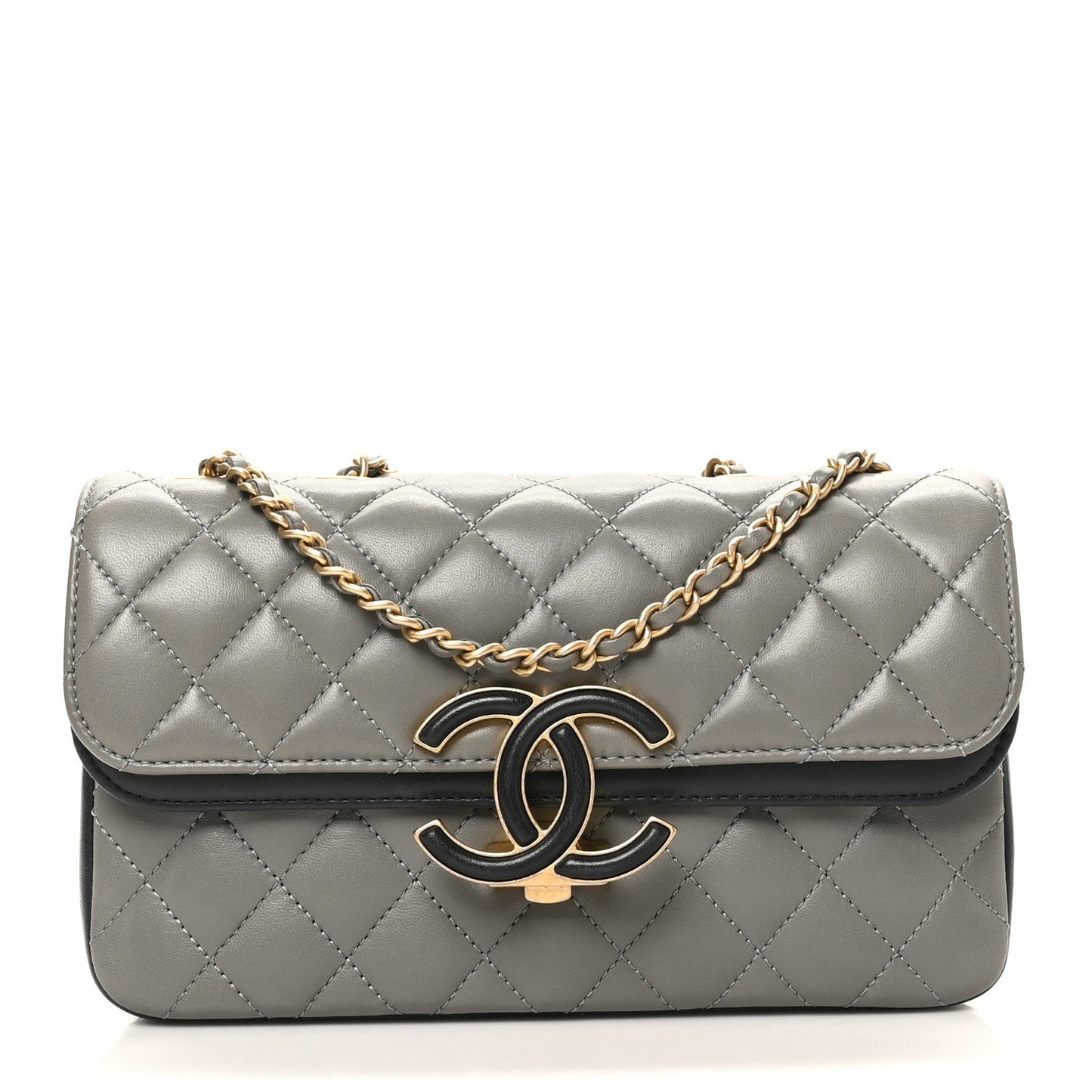 Lambskin Quilted Small CC Chic Flap Grey Dark Navy