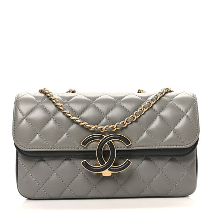 Lambskin Quilted Small CC Chic Flap Grey Dark Navy