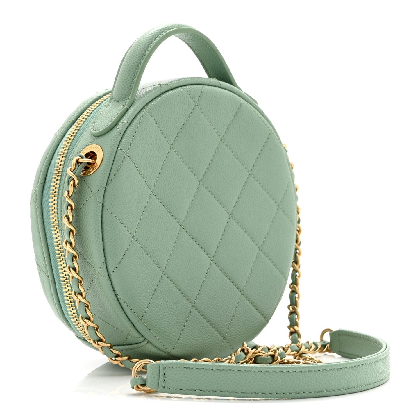 Caviar Quilted Small Round Vanity With Chain Light Green