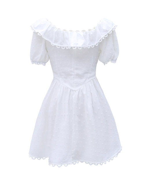 2025 new white short skirt women's French square neck puff sleeve dress waist slimming R0119