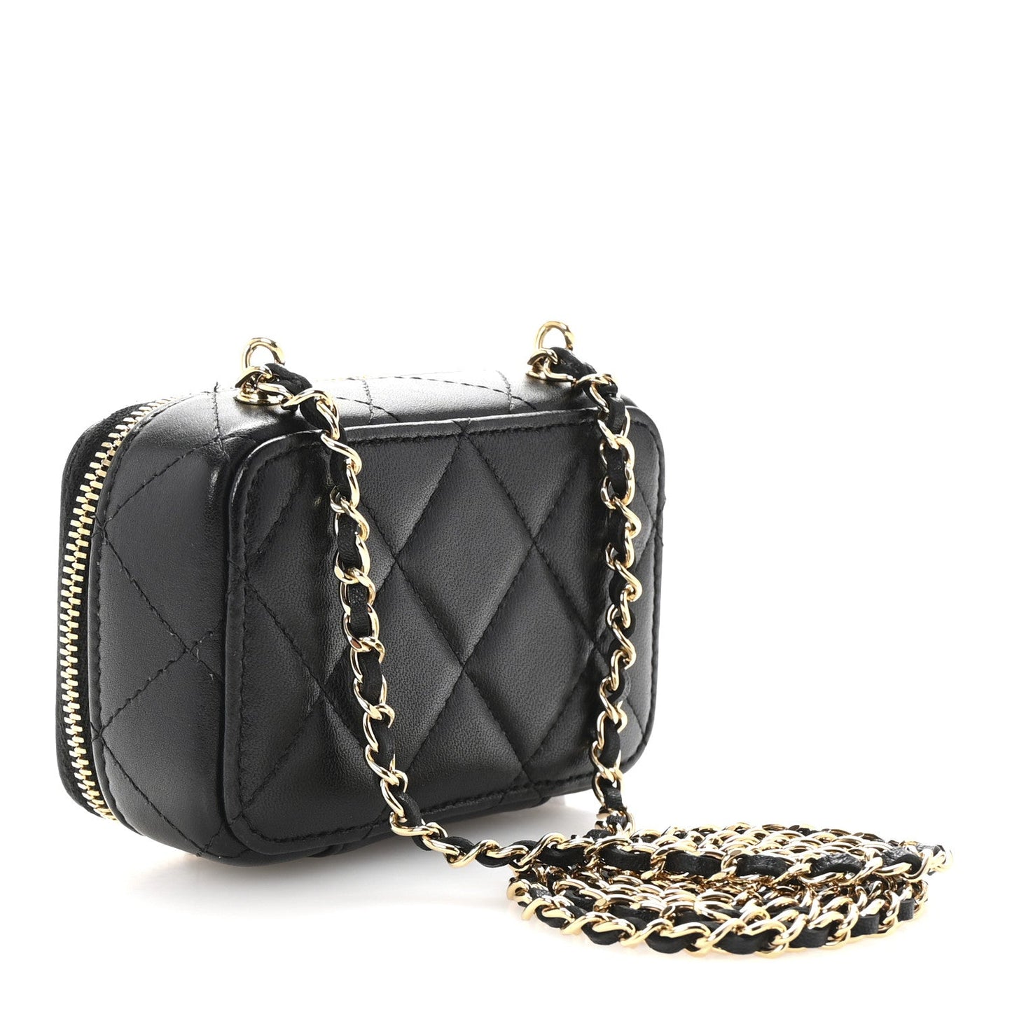 Lambskin Metal Quilted Extra Mini Vanity Case With Chain Black Gold