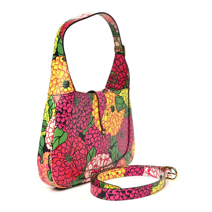 X KEN SCOTT Textured Calfskin Pomponica Print Small Jackie 1961 Hobo Multicolor Fuxia Pompon