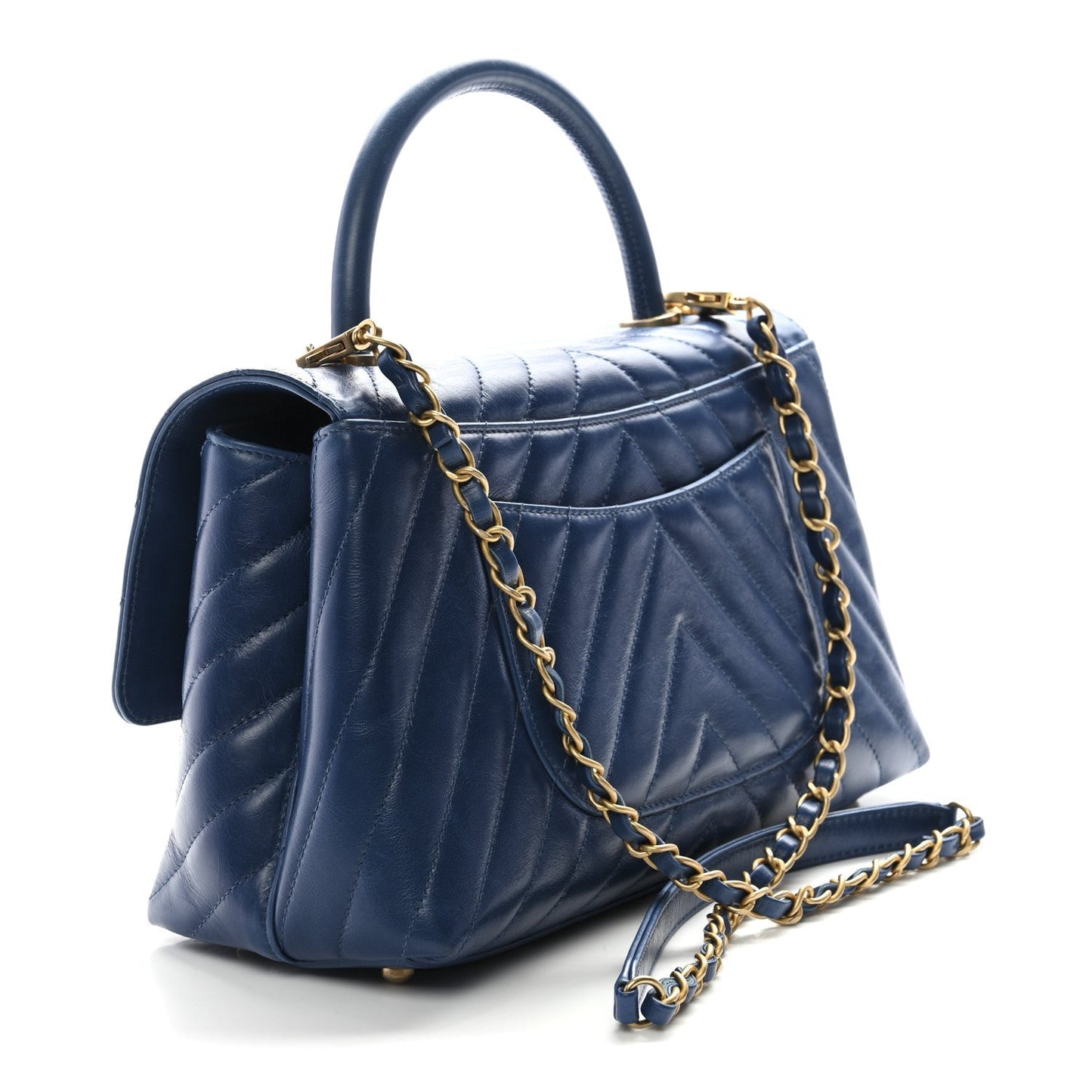 Aged Calfskin Chevron Quilted Small Coco Handle Flap Blue