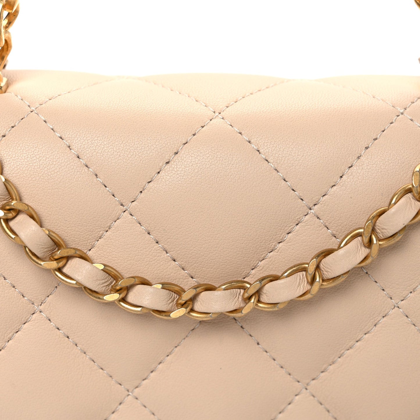 Lambskin Quilted Metal Enamel Chain Top Handle Square Flap Beige