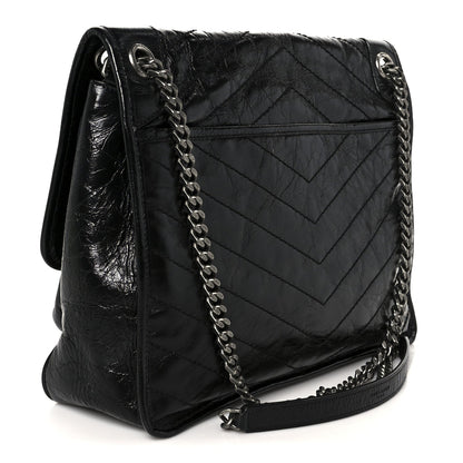 Crinkled Calfskin Matelasse Monogram Large Niki Chain Satchel Black