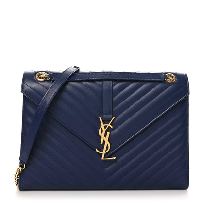 Grain De Poudre Matelasse Chevron Large Monogram Satchel Navy Blue