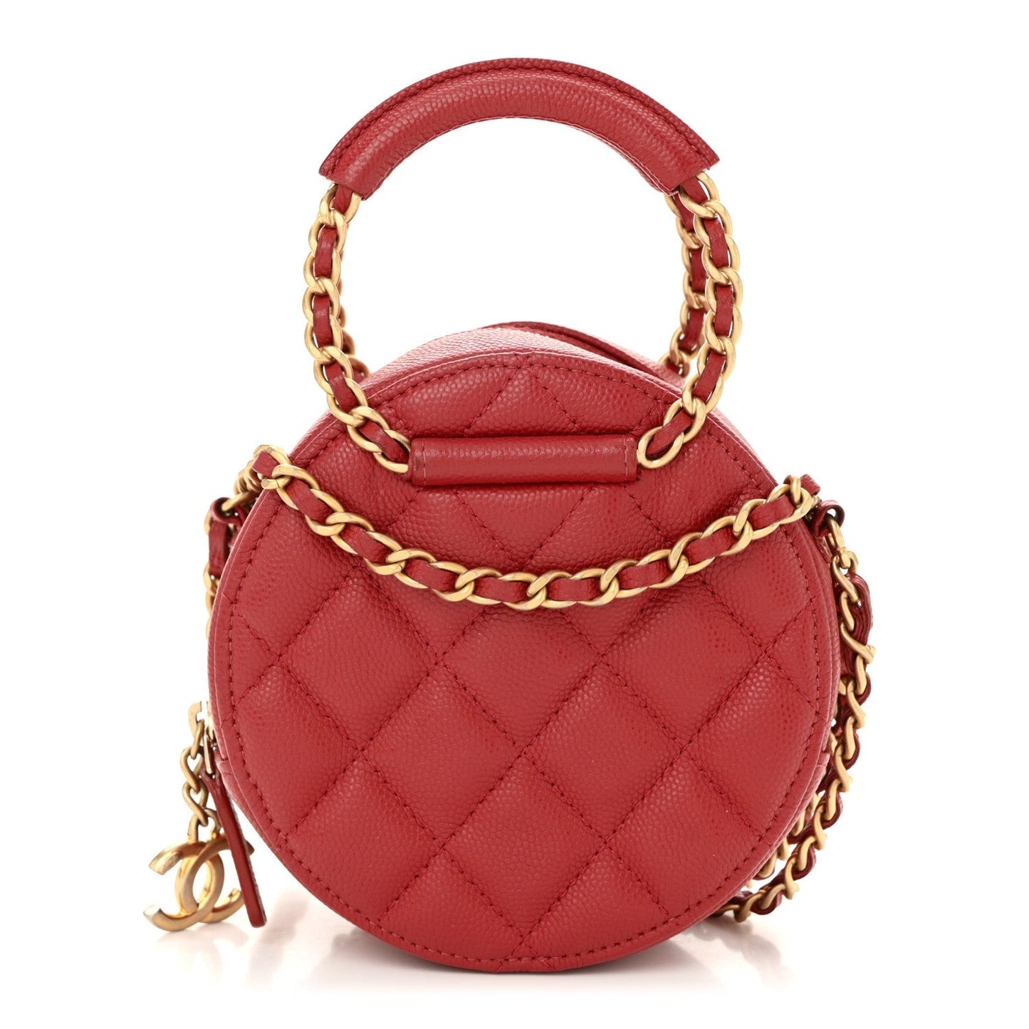 Caviar Quilted Chain Handle Round Clutch With Chain Bag  Red