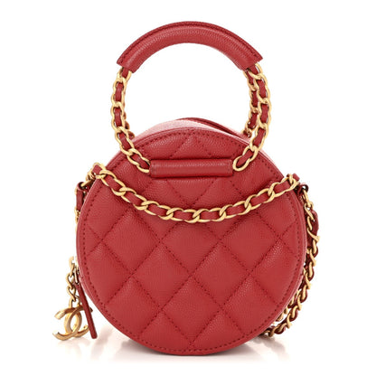 Caviar Quilted Chain Handle Round Clutch With Chain Bag  Red