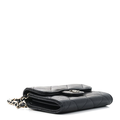 Caviar Quilted Flap Card Holder On Chain Black