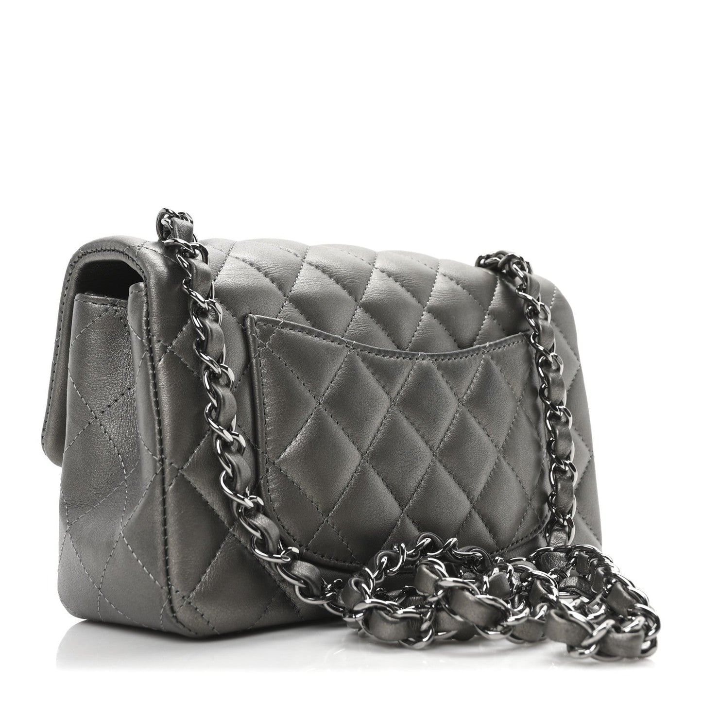 Metallic Lambskin Quilted Mini Rectangular Flap  Dark Grey