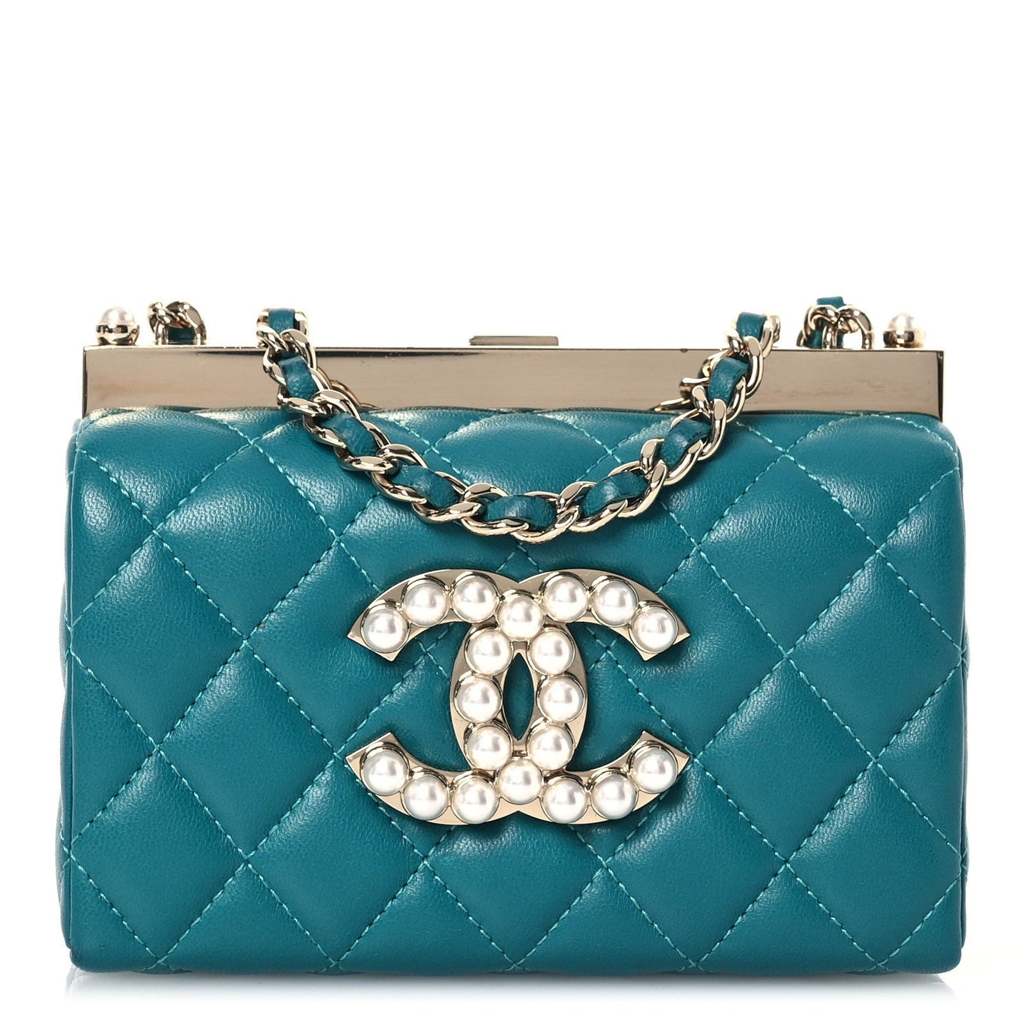 Lambskin Quilted Pearl CC Vanity Case Turquoise