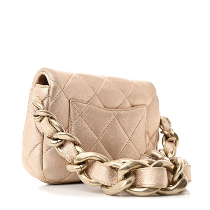 Metallic Lambskin Quilted Mini Lacquered Chain Flap Gold