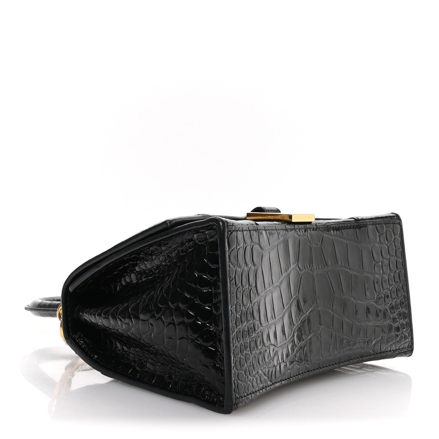 Shiny Calfskin Crocodile Embossed Small Hourglass Top Handle Bag Black