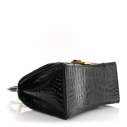 Shiny Calfskin Crocodile Embossed Small Hourglass Top Handle Bag Black