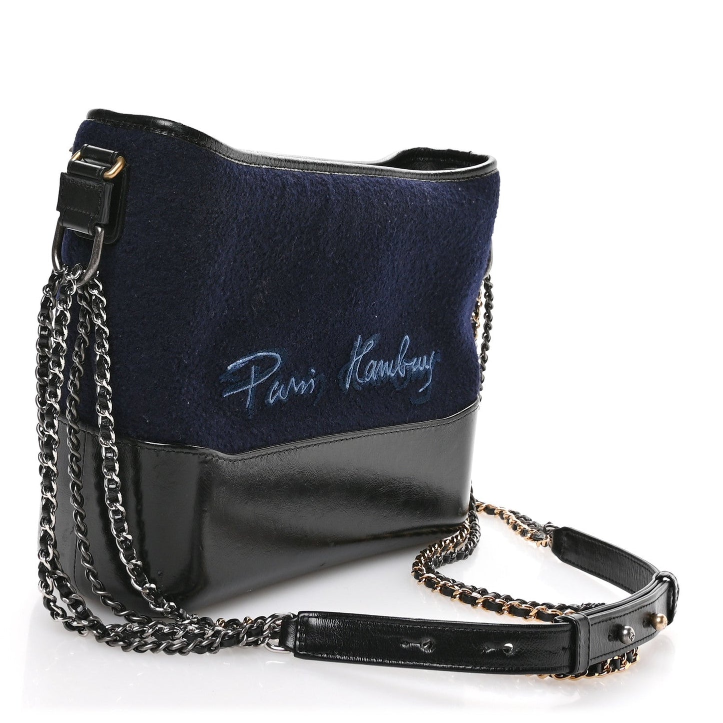 Calfskin Wool Embroidered Paris Hamburg Small Gabrielle Hobo Dark Navy Blue