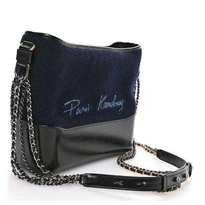 Calfskin Wool Embroidered Paris Hamburg Small Gabrielle Hobo Dark Navy Blue