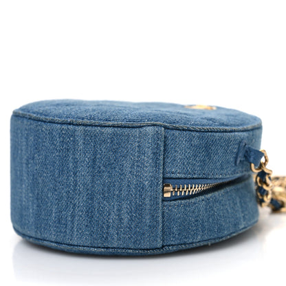 Denim Quilted Round Pearl Crush Clutch With Chain Blue