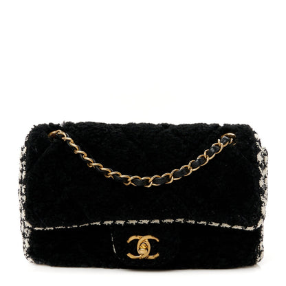 Shearling Sheepskin Tweed Quilted Single Flap Black