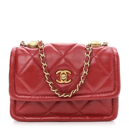 Shiny Lambskin Quilted Extra Mini Flap Red