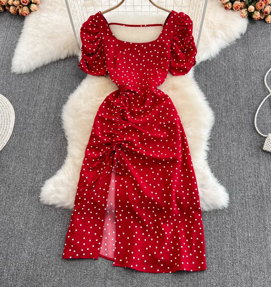 Holiday beach dress with open back, super fairy square collar, slim fit, puff sleeves, slit polka dot dress R0346