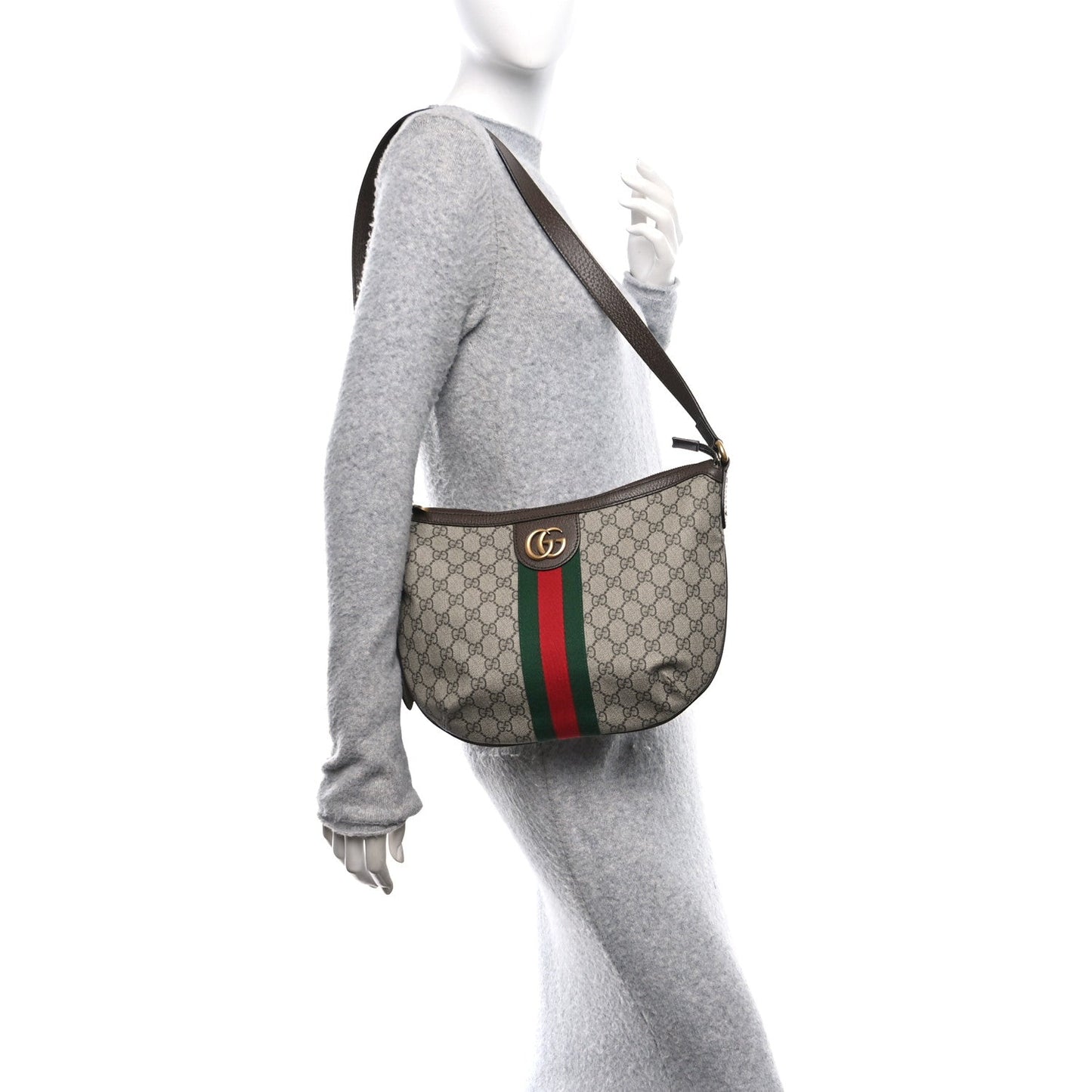 GG Supreme Monogram Web Small Ophidia Half Moon Hobo Brown