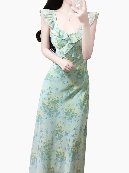 2025 Summer New Green Floral French Tea Break Seaside Vacation Long Dress R0975