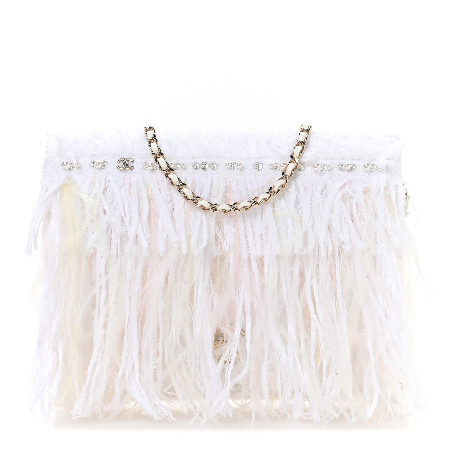 Tweed Embroidered Feathers Pearl Crystal Clutch White