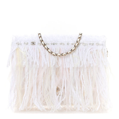 Tweed Embroidered Feathers Pearl Crystal Clutch White