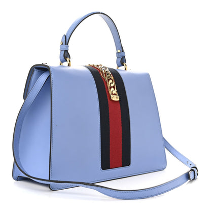 Calfskin Embroidered Medium Sylvie Top Handle Bag Clear Sky Blue