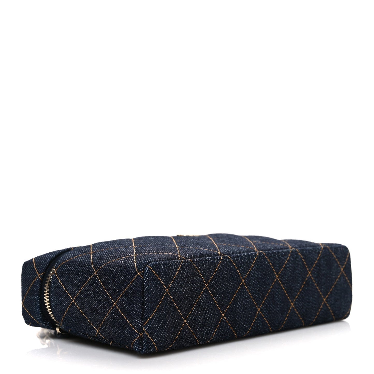 Denim Quilted Top Handle Slim Vanity Case With Chain Dark Blue Orange