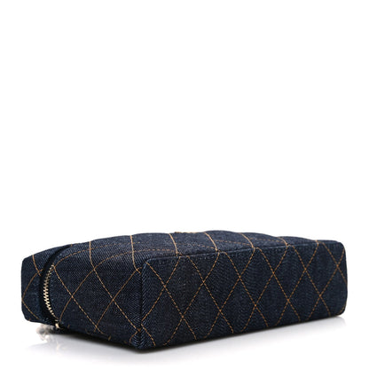 Denim Quilted Top Handle Slim Vanity Case With Chain Dark Blue Orange